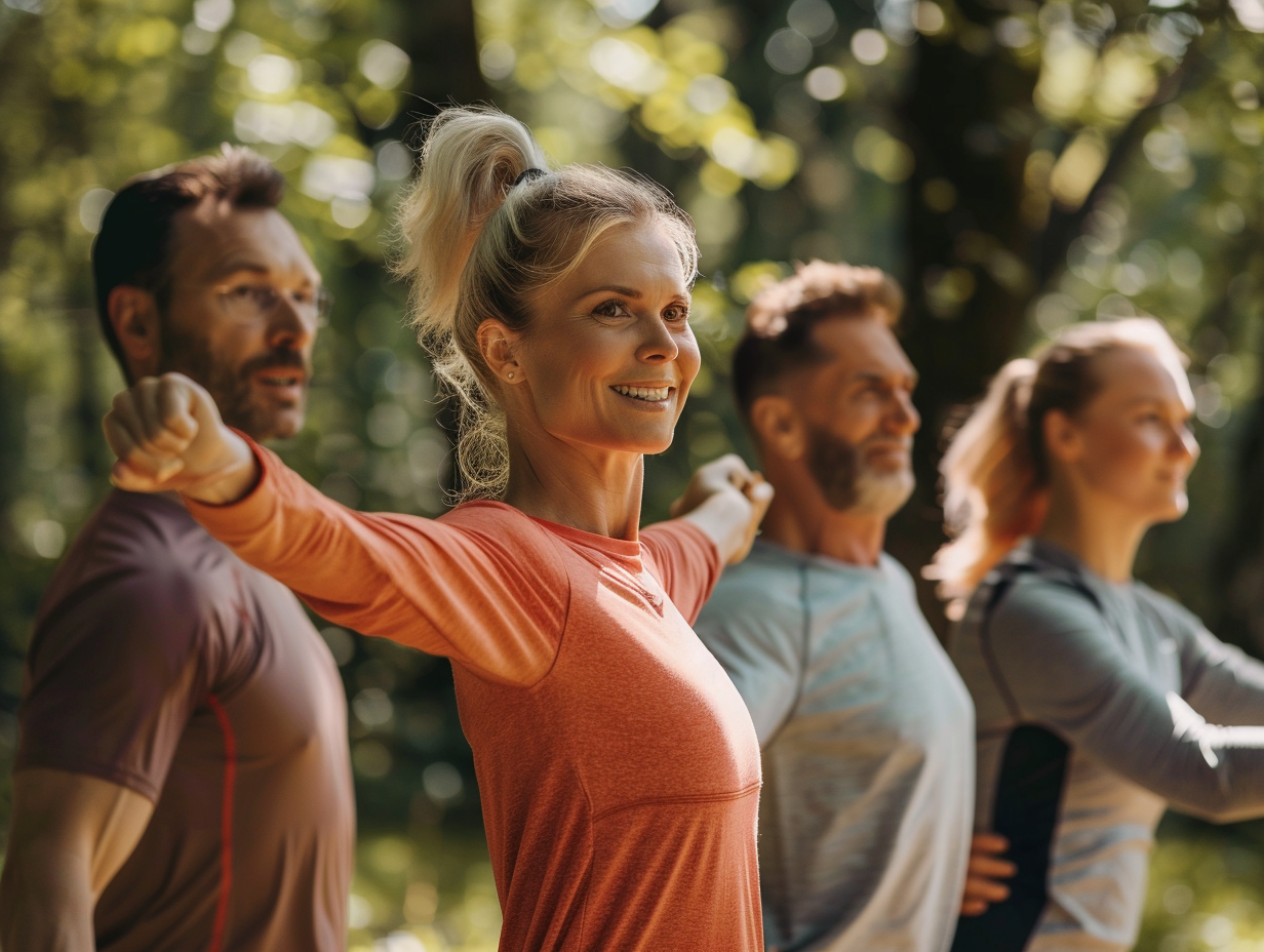 Група людей займається фітнесом на природі